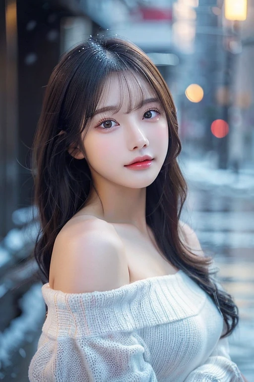(Oversized white knit off shoulder)、pose sensual(top-quality,masterpiece:1.3,超A high resolution,),(ultra-detailliert,Caustics),(Photorealsitic:1.4,RAW shooting,)Ultra-realistic capture,A highly detailed,high-definition16Kfor human skin、 Skin texture is natural、、The skin looks healthy with an even tone、 Use natural light and color,One Woman,japanes,,kawaii,A dark-haired,Middle hair,(depth of fields、chromatic abberation、、Wide range of lighting、Natural Shading、)、(Falling snow:2:1)(Hair swaying in the wind:1.2)、(At night, Snow reflects off the exterior lights:1.1)、beutiful breast、Beautiful valley、