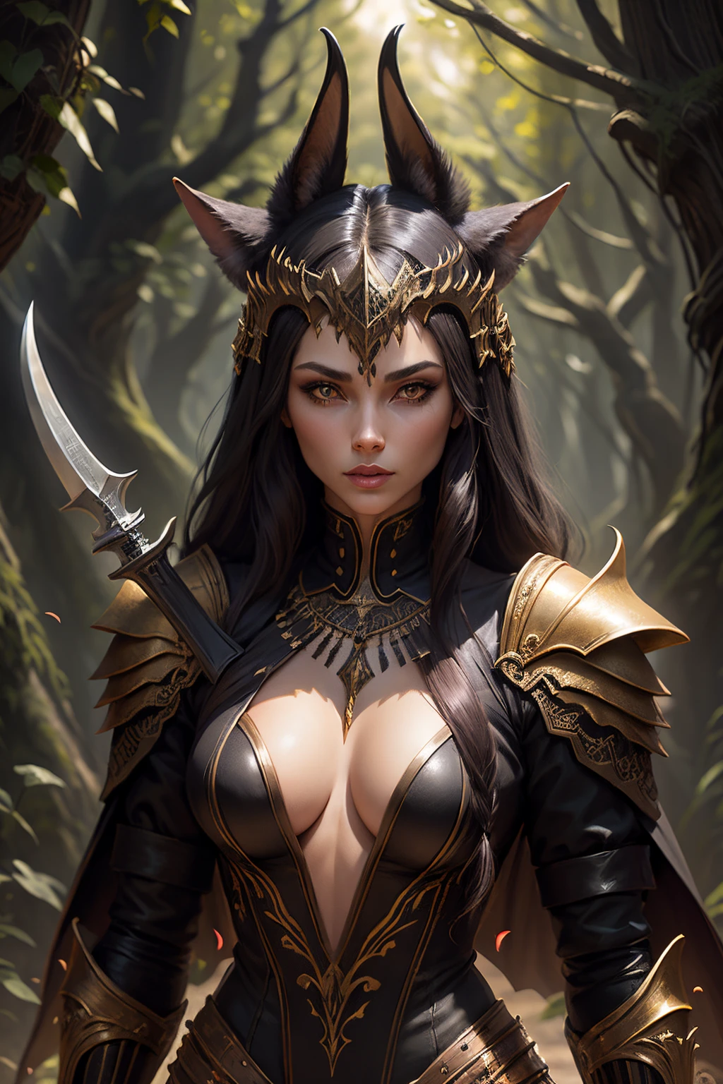 Female jackal, black, holding obsidian dagger, gold eyes, purple sky, pyramid background