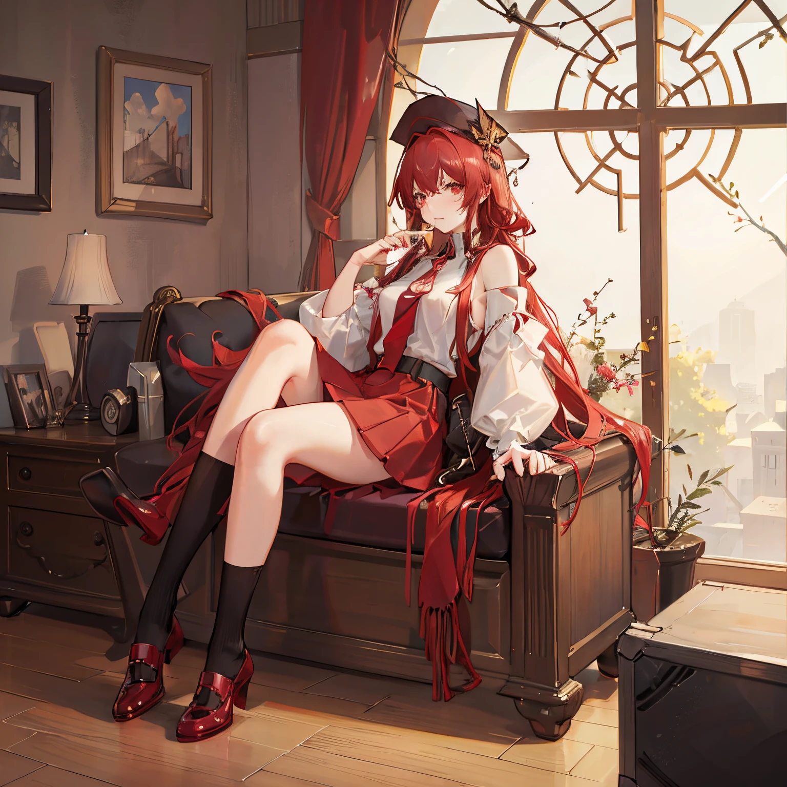 "anime girl, 1 person, dark red hair, shoulder length hair, dark red eyes, wearing a small hat, small hat, red hat with yellow trim, wearing a women's shirt, shirt uniform, dark red skirt, big breasts, pants socks, blushing, sitting on old TV, sitting cross-legged, holding milk box, sucking milk, drinking milk, milk box, old TV, solo, frontal view, (full HD 4K+ image )"