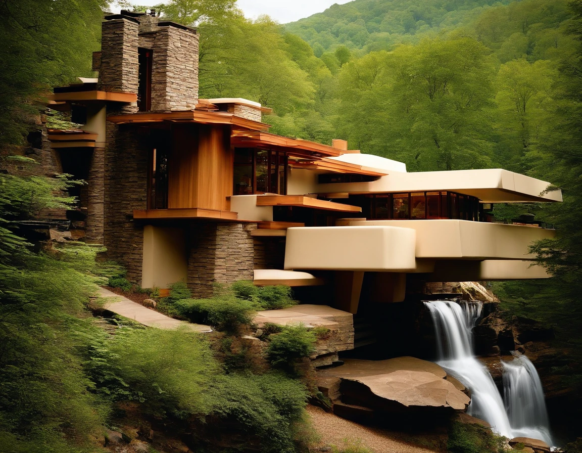 a small futuristic wooden house on a green hill, (((one store house))) (minimalism influence), ((Frank Lloyd Wright Fallingwater)),(((with large terraces))), ((natural lake)), waterfall, one-story house, big panorama windows. (((Standing wooden panels))) Vertical wooden panels (((Water falls)))