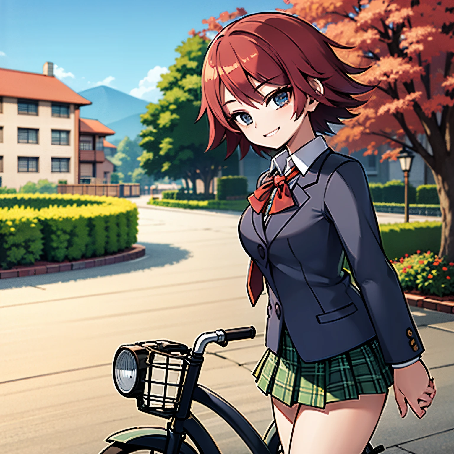 Young girl, short red hair. Student outfit, green plaid skirt, in front a school, smilingpink trees in scenery, 4k, otomegame, masterpiece