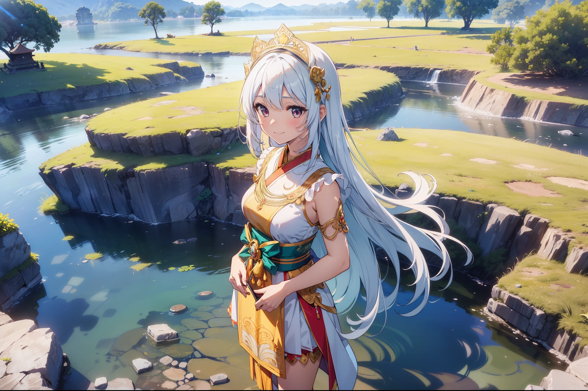1 cute girl, ( Indonesian traditional costume) ,(standing in front of Danau Batu), stone Remains , cowboy shot, close to viewer, character focus, (from above:0.8), smile , high resolution,(incredibly absurdres) ,extremely detailed CG unity 8k wallpaper, ((masterpiece)), ((top-quality)), (beautiful illustration), ((an extremely delicate and beautiful))
