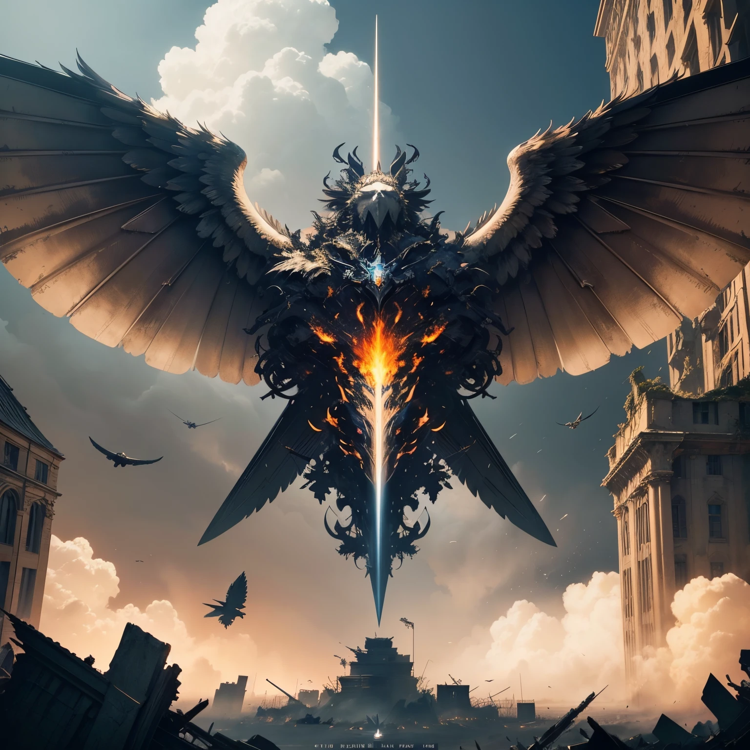 detailed face, super low angle, (flying seraph), god's weapon, face, (long and wide 12 wings), thick sword on fire, ruins in the city, skyscraper, impact, high speed, flame, (necklace on fire), (battle field), 3 fighter jet,