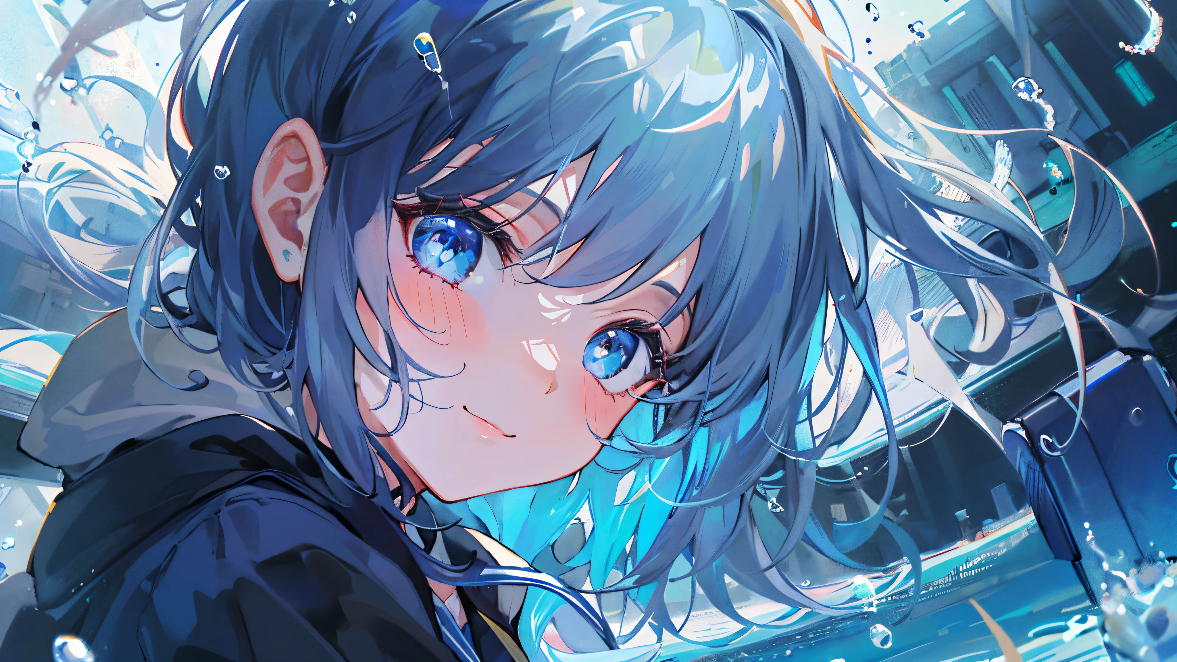 ((top-quality)), ((masterpiece)), ((ultra-detailliert)), (extremely delicate and beautiful), girl with, 独奏, cold attitude,((Black jacket)),She is very(relax)with the(Settled down)Looks,A dark-haired, depth of fields,evil smile,Bubble, under the water, Air bubble,bright light blue eyes,Inner color with light blue hair and dark blue tips,Cold background,Bob Hair - Linear Art, shortpants、knee high socks、White uniform like school uniform、Light blue ribbon ties、Clothes are sheer、Hands in pockets