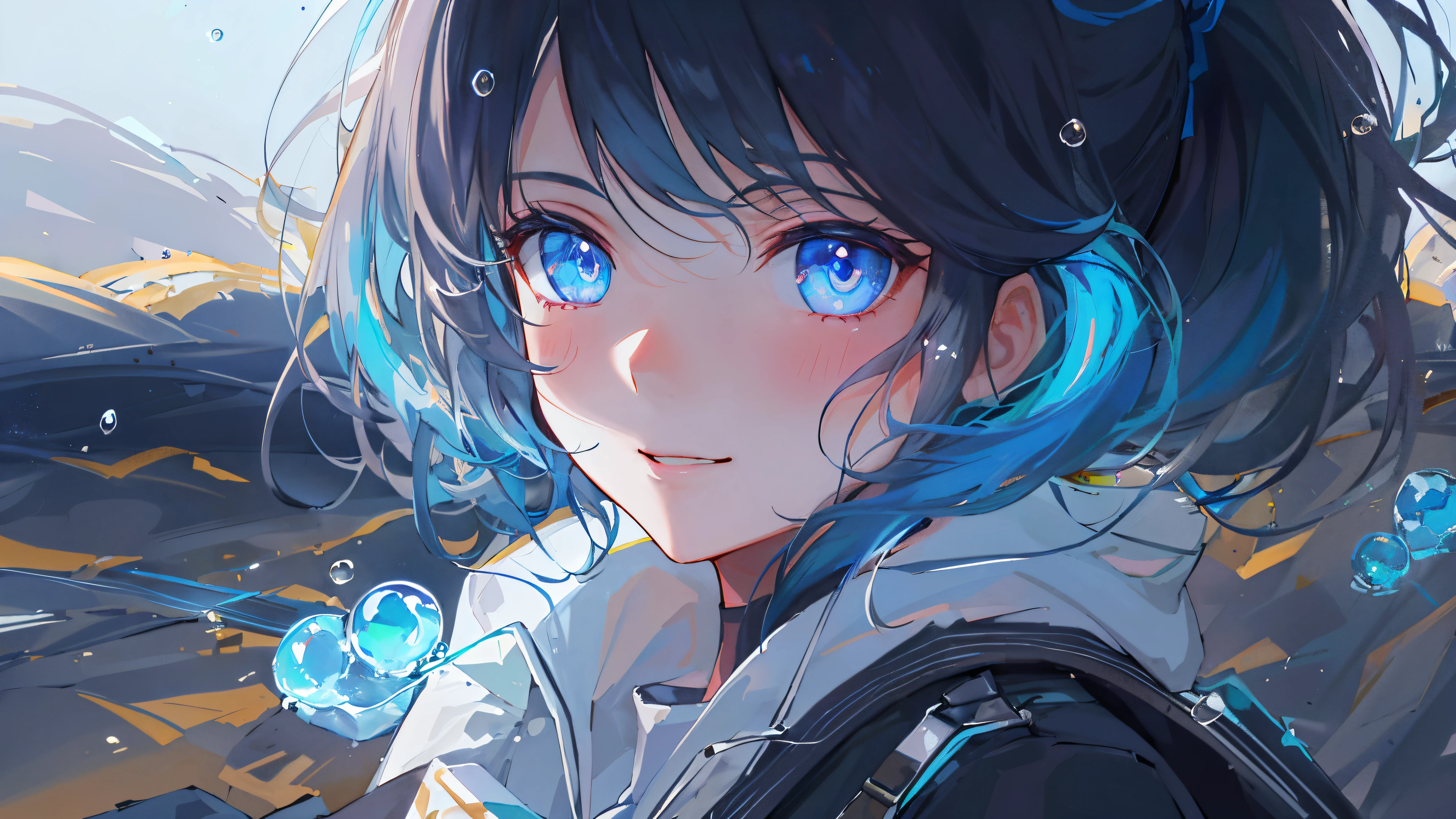 ((top-quality)), ((masterpiece)), ((ultra-detailliert)), (extremely delicate and beautiful), girl with, 独奏, cold attitude,((Black jacket)),She is very(relax)with the(Settled down)Looks,A dark-haired, depth of fields,evil smile,Bubble, under the water, Air bubble,bright light blue eyes,Inner color with black hair and light blue tips,Cold background,Bob Hair - Linear Art, shortpants、knee high socks、White uniform like school uniform、Light blue ribbon ties、Clothes are sheer、Hands in pockets、Ponytail hair、