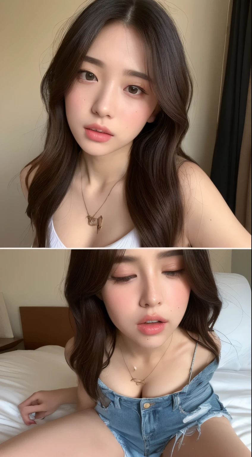 (top-quality、8K、masterpiece:1.3)、A pretty woman with perfect figure:2.4、dark brown hair、Colossal tits、Wearing a pendant、ripped shorts、Sleeping in the bedroom、extremely detailed face and skin、A detailed eye、二重まぶた