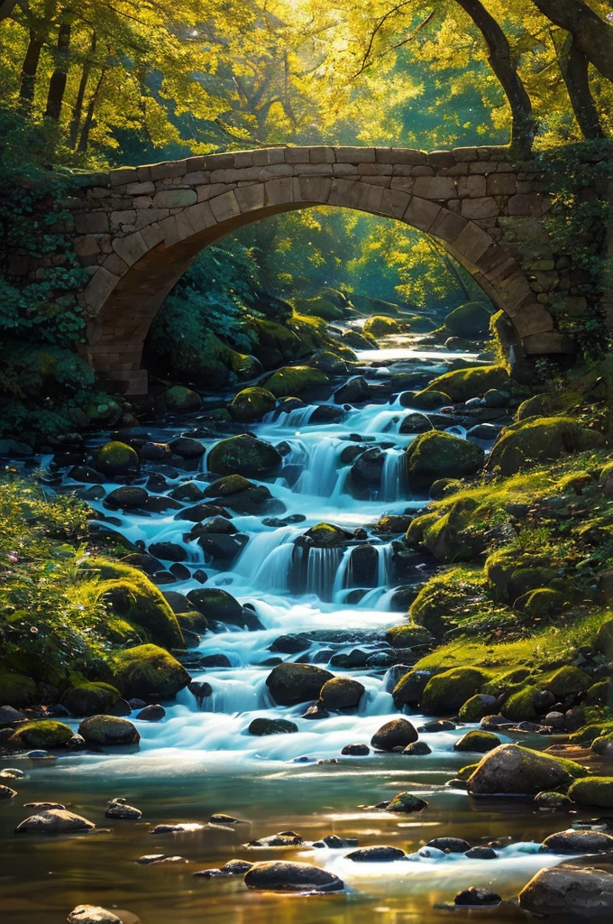 (a stone bridge) spanning a (serene river), (surrounded by lush greenery),(with gentle ripples reflecting the bridge in the water).(The bridge is made of intricately carved stone, with beautiful arches and intricate patterns.) The (clear blue) sky above casts a warm glow on the scene, creating a tranquil atmosphere. (Sunlight streams through the trees, dappling the bridge with soft, golden light.) On the riverbanks, (colorful flowers sway in the gentle breeze), adding a touch of vibrancy to the peaceful landscape.

(best quality, realistic:1.37), (sharp focus, highres), (vivid colors) bring out the beauty and details of the scene. The (photorealistic) rendering captures every minute detail of the bridge, from the textures of the stones to the reflections in the water. The (HDR) effect enhances the contrast and dynamic range, making the scene come to life.

The art style is reminiscent of classic landscape paintings, with a touch of romanticism. The colors are (soft and muted), giving the image a dreamlike quality. The lighting is (soft and diffused), with the sunlight gently illuminating the scene.

As you gaze upon this picturesque scene, you can almost feel the tranquility and serenity wash over you.