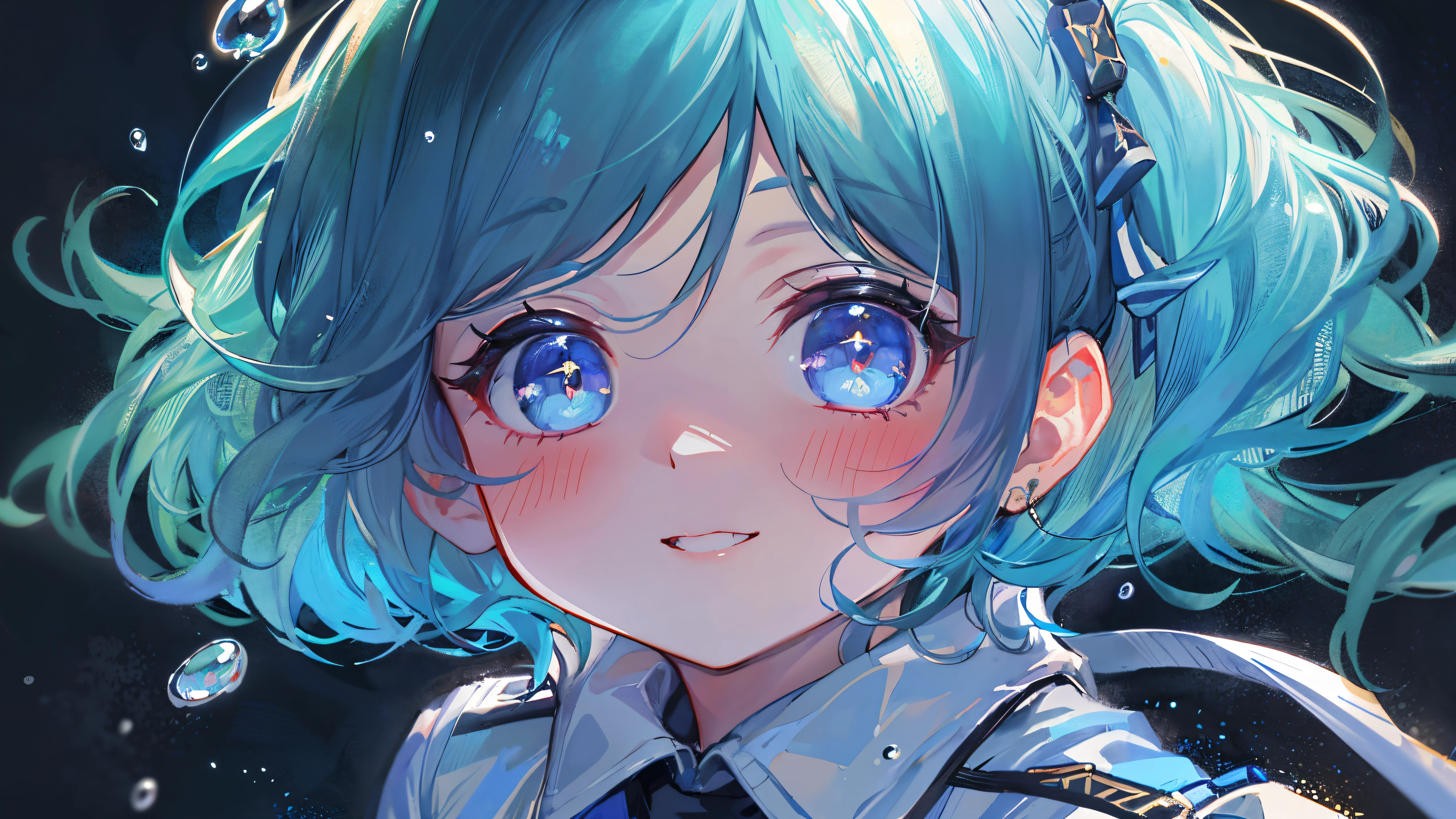 ((top-quality)), ((masterpiece)), ((ultra-detailliert)), (extremely delicate and beautiful), girl with, 独奏, cold attitude,((Black jacket)),She is very(relax)with the(Settled down)Looks,A dark-haired, depth of fields,evil smile,Bubble, under the water, Air bubble,bright light blue eyes,Inner color with light blue hair and dark blue tips,Cold background,Bob Hair - Linear Art, shortpants、knee high socks、White uniform like school uniform、Light blue ribbon ties、Clothes are sheer、Hands in pockets