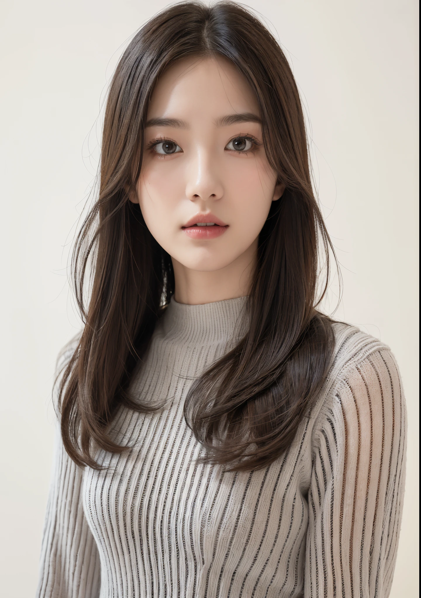 garments（white knit sleeveless clothes）、(masutepiece: 1.2, Best Quality), Realistic, (Realistic image, intricate-detail, depth of fields), Best Quality, masutepiece, Highly detailed, semi - realistic, 1 female 21 years old, background is white or gray、