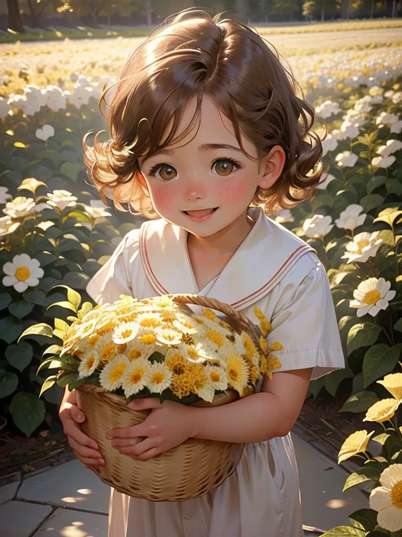 (best quality,4k,highres,masterpiece:1.2), (ultra-detailed,realistic:1.37), portrait, boy, cute, light brown hair, rose garden, basket of flowers, shy smile, Happy, boy, -yeld, uorm, sailor uniform,
