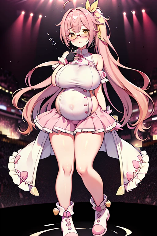 Full body girl, pregnant, huge belly, huge breasts, yellow eyes, glasses, boots, shy, earrings, hair ribbon, long hair, side ponytail, pink hair, tsundere, embarrassed, visible belly, hands on belly, very thight clothes, idol clothes, gloves, singing, best quality