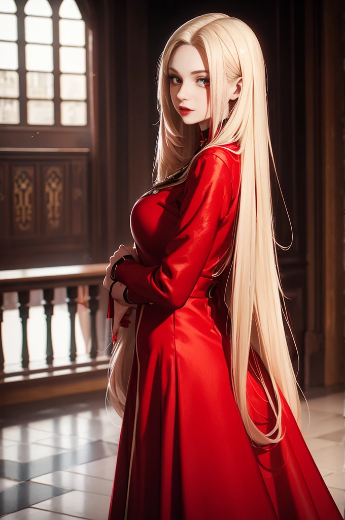 Woman with straight long hair and red lipstick, ekaterina,  professional photograpy,  woman,a blond、Medieval red color dress、Red extensions