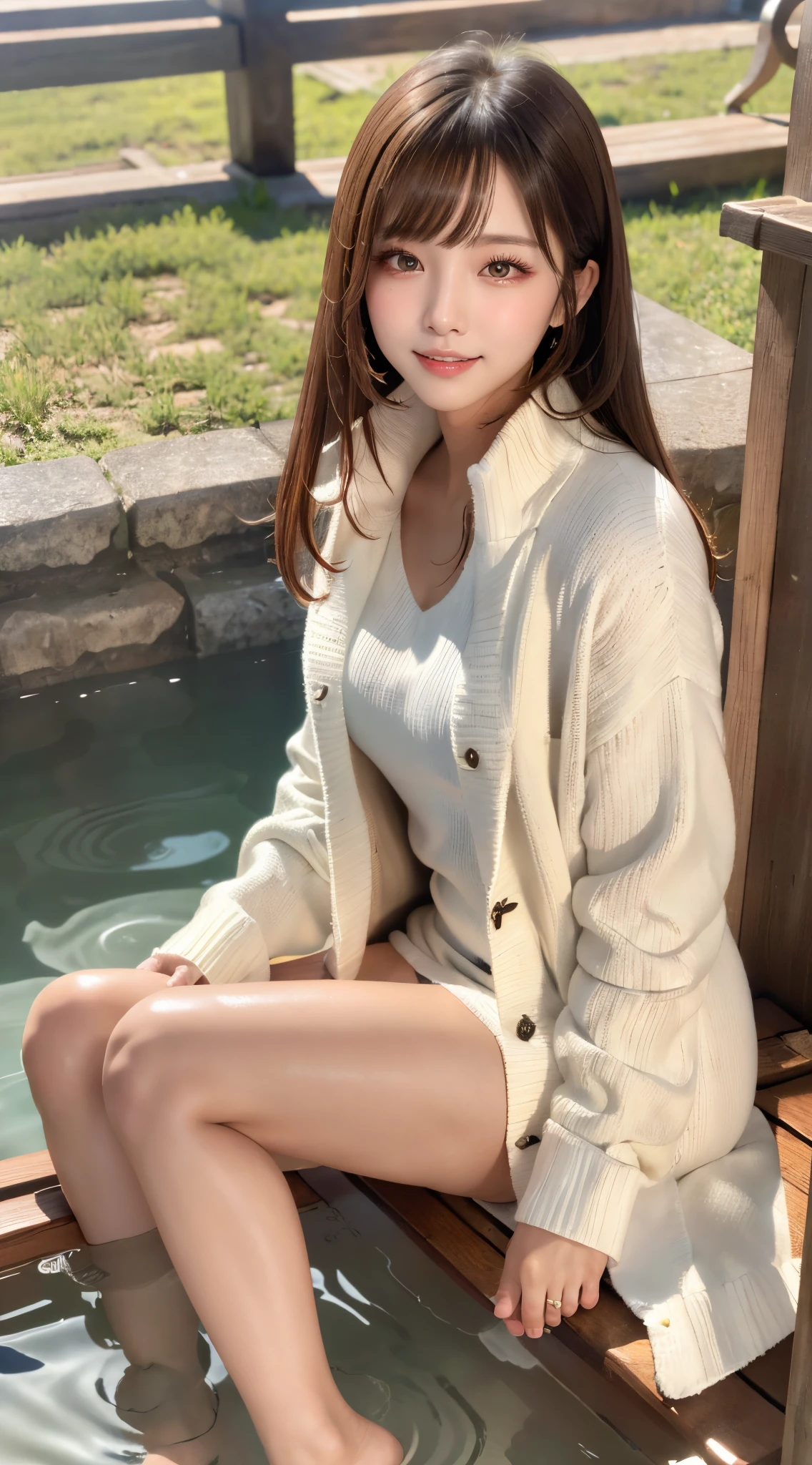 (masterpiece:1.3), high resolution, ultra detailed, extremely detailed CG unity 8k wallpaper, realistic, photo-realistic, RAW photo, (beautiful detailed face), pale skin, realistic skin, detailed cloth texture, detailed hair texture, Perfect body, Beautiful Face, accurate, Anatomically correct, Highly detailed face and skin texture, natural neck length, (beautiful hands), (fair skin:1.2), perfect and Thin legs, Thin feet, Sexy thighs,
BREAK,
(beautiful Detailed eyes), symmetrical eyes, Brown eyes, Double eyelids, Thin eyebrows, (Glossy lips:1.4), (pretty smile:1.2),
BREAK,
(A Very Cute girl:1.3), ((wearing a White long knit coat over the Winered sweater dress:1.3)), (barefoot),
medium large breasts, (firm breast, nicely shaped breasts, slender figure:1.1),
(Dark brown hair, wavy hair), ((medium hair:1.2)), ((side swept bangs:1.2)),
BREAK,
((sitting on the bench with her feet in a foot bath:1.3)),
((in the outdoor foot bath of 'hakodate' in Japan:1.2)), (Cowboy shot:1.2), (looking p at viewer with a gaze:1.2), (from side:1.1),