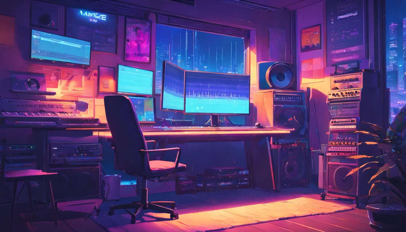 There is a music studio room with a table, a chair, sofe,and computer monitor,keyboard,pianos,and guitar,arranger mixer,KRK audio,listener,Equipment cables,rainy evening,Digital painting inspired by Beeple, window shutters, concept-art, 3d rendering beeple, interior background art, synthwave art style, Flat synth-wave art style, synthwave art, Cyberpunk teen bedroom