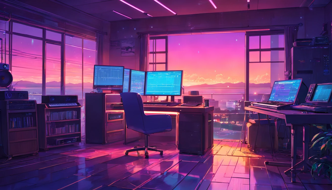 There is a music studio room with a table, a chair, sofe,and computer monitor,keyboard,pianos,and guitar,arranger mixer,KRK audio,listener,Equipment cables,rainy evening,Digital painting inspired by Beeple, window shutters, concept-art, 3d rendering beeple, interior background art, synthwave art style, Flat synth-wave art style, synthwave art, Cyberpunk bedroom