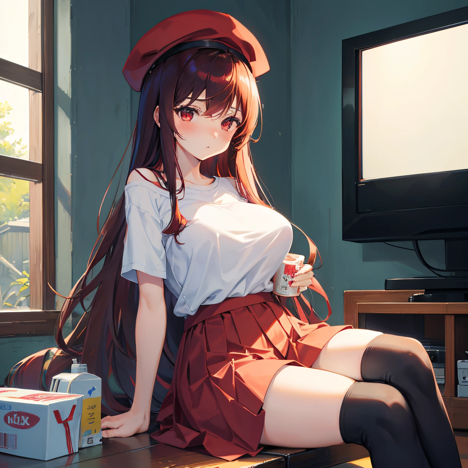 "anime girl, 1 person, dark red hair, shoulder length hair, dark red eyes, wearing a small hat, small hat, red hat with yellow trim, wearing a women's shirt, shirt uniform, dark red skirt, big breasts, pants socks, blushing, sitting on old TV, sitting cross-legged, holding milk box, sucking milk, drinking milk, milk box, old TV, solo, frontal view, (full HD 4K+ image )"