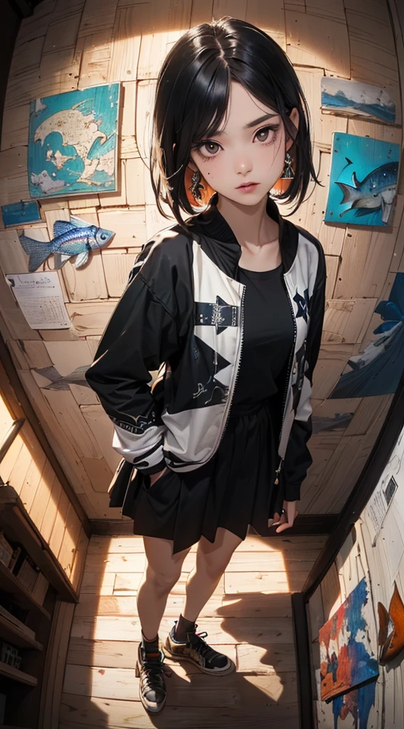 (((8k wallpaper of extremely detailed CG unit:1.2, masterpiece, hight resolution:1.2, top-quality:1.2, masutepiece))), ((a very beautiful woman, Hands in pockets:1.8, Grunge Fashion, Wearing a blouson, Wearing a long skirt, Wearing shoes)), ((extra detailed face, Highly detailed black eyes, extra detailed body, Top quality real texture skins)), (A dark-haired, length hair, de pele branca, Small:1.2), ((Surrounded by walls with geometric paintings, Colorful wall)), (high-angle:1.2, Fisheye:1.3), hyper realisitic, digitial painting,