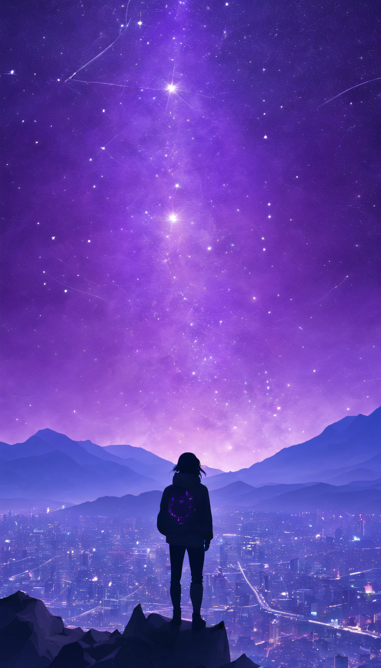 Starry sky and zodiac constellations, The purple hue is like a nebula, Vast space, The city at the bottom of cyberpunk,