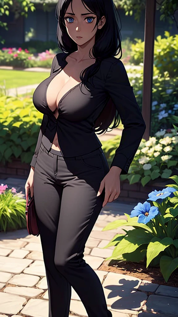 Long black hair,black colour suit and black shirt, perfect sized boobs, standing,blue colour eyes,ultra realistic detailed blue eyes, beautiful and perfect face, sunlight and garden background,