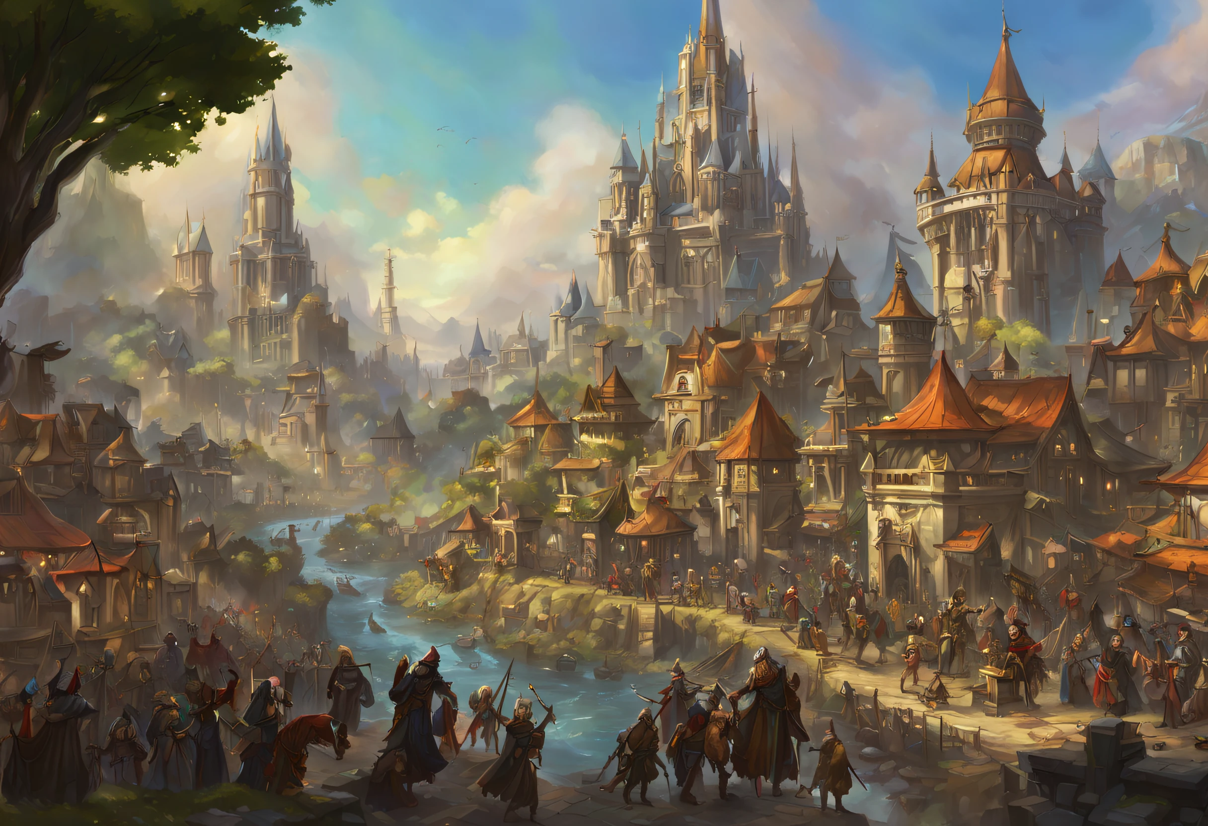 bustling city of Evercrest, epic fantasy art