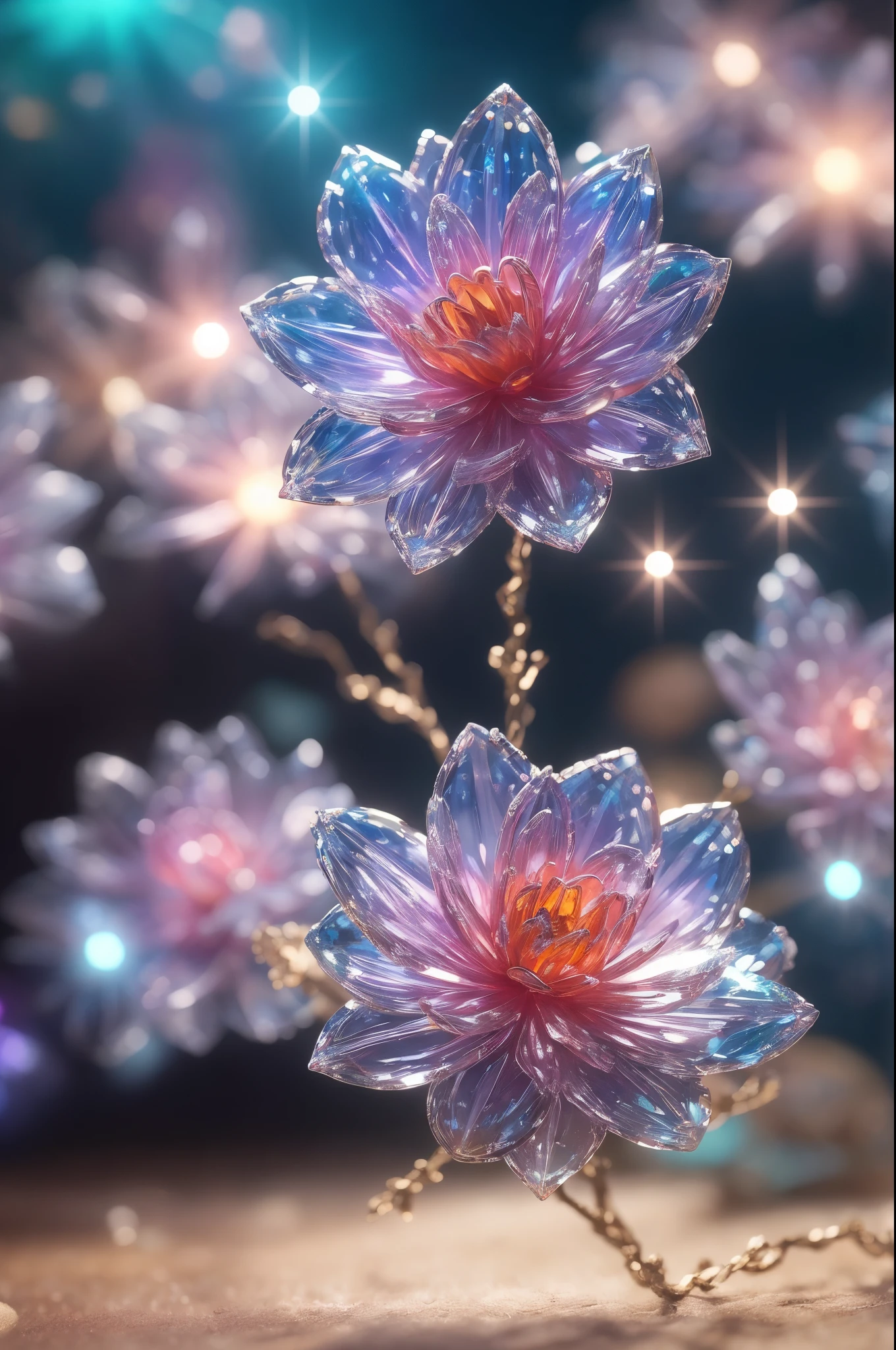 crystal flower, fantasy, galaxy, transparent, sparkling, sparkling, brilliant, colorful, magical photography, dramatic lighting, photo realism, ultra-detailed, 4k, depth of field, high resolution