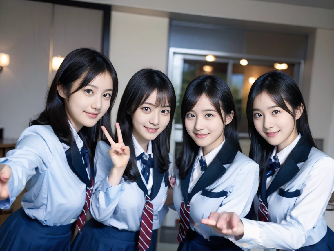 Same face, matching school uniform、5 cute 18 year old girls with long black hair and big breasts、a smile、selfee、piece sign