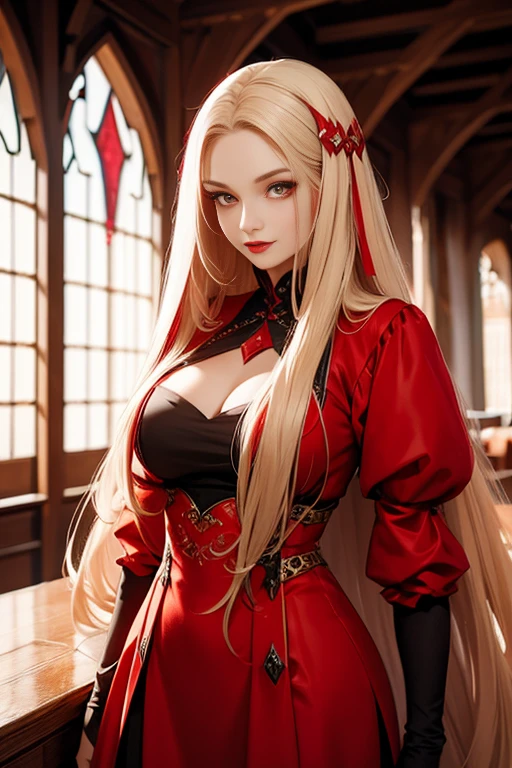 Woman with straight long hair and red lipstick, ekaterina,  professional photograpy,  woman,a blond、Medieval red color dress、Red extensions