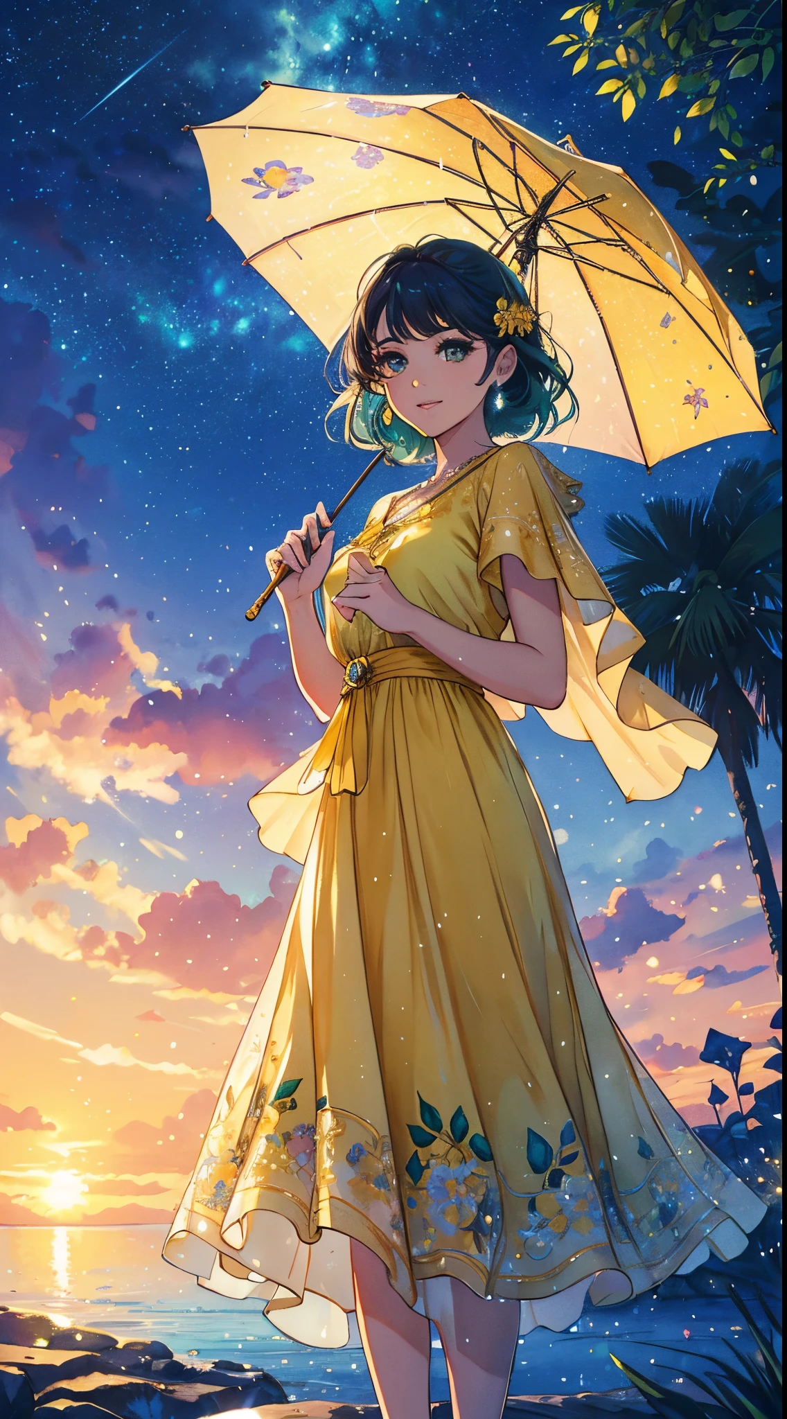 best quality,4k,8k,Altas,master part:1.2,ultra-detalhado,Realistic:1.37,one girl standing,belos olhos detalhados,beautiful detailed lips,Rosto detalhado,long eyelashes,Canary Yellow Umbrella,vestido floral,lovely smile,dia ventoso,Starry sky,Dancing raindrops,Playful sunlight,Brisa suave,grama verde fresca,peaceful atmosphere,Paint-like quality,paleta de cores sonhadora,Romantic lighting,Sentimento extravagante,Arredores exuberantes,texturas sutis de aquarela