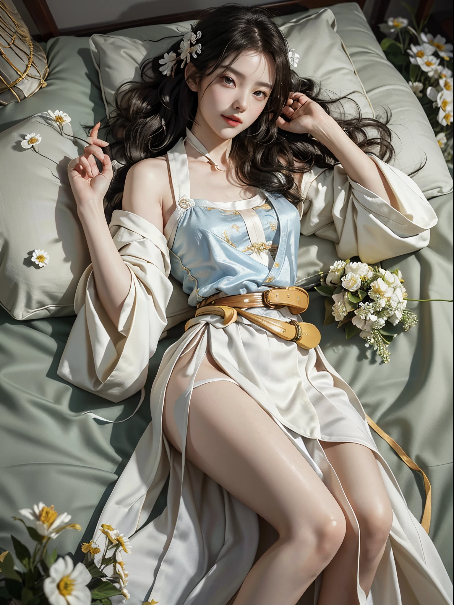 ((knee shot)), Satellite view, Bird's eye view, RAW photogr,18 year old sexy model, Cute young girl, messy hair,Smiled shyly, curlies, golden hair, (Hanfu), ((White flower hanfu, draped in silk, DEEP-V COLLAR, high-waist, nice belt)), (white colors, Light yellow), Lie down, Lie flat on the bed, Lift the skirt, slender leg, posing elegantly, posed for photo, Surprising detail,The is very detailed, Smooth skin, a warm color palette, best qualtiy, The is very detailed, the detail, (actual:1.7),((Best quality at best)),absurd res,(超高分辨率),(realisticlying:1.6),realisticlying,octaneratingrendering,(Hyper-realistic:1.2), (photorealiscic face:1.2), (8K), (4K), (tmasterpiece),(realistic skin textures)