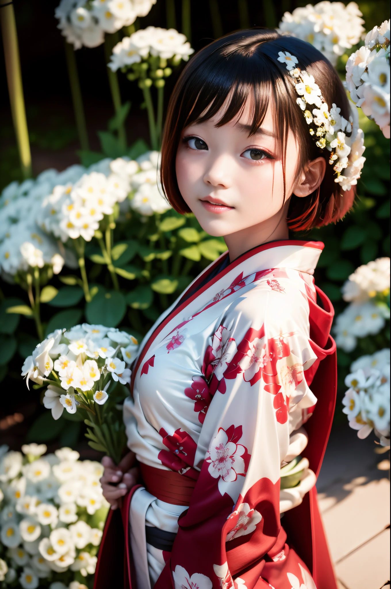 The background is a world of white flowers、Best Quality, masutepiece, High resolution, (((1girl in))), ,Red Eyes、Dark red kimono、((Dark red floral kimono)), Tindall Effect, Realistic, Shadow Studio, Red lighting, dual-tone lighting, (High Detail Skins: 1.2) Digital SLR, Photo, High resolution, 4K, 8K, Background blur,Fade out beautifully、The background is a world of white flowers