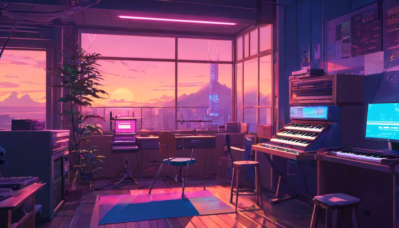 There is a music studio room with a table, a chair, and computer monitor,keyboard,pianos,and guitar,arranger mixer,Audio,Equipment cables,rainy evening,Digital painting inspired by Beeple, window shutters, concept-art, 3d rendering beeple, interior background art, synthwave art style, Flat synth-wave art style, synthwave art, Cyberpunk bedroom
