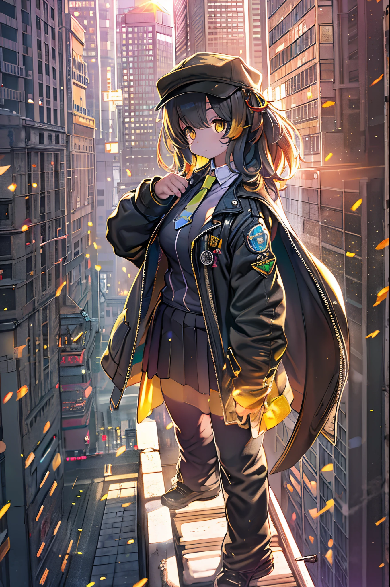 1girl in, intricate detailes, masutepiece, Best Quality, ighly detailed,Cinematic lighting, Beautiful detailed glow, Dense beautiful face and eyes, 8K, Dark intense shadows, Yellow eyes, Medium Hair, Black hair, Bangs, Floating hair, Black jacket, Open jacket, White shirt, deadpan, yellow necktie, Black skirt, Spotlight, Sunshine, Sunrise, Gradient sky, city, Lens Flare, Cowboy Shot, [[Curve]], [maturefemale]