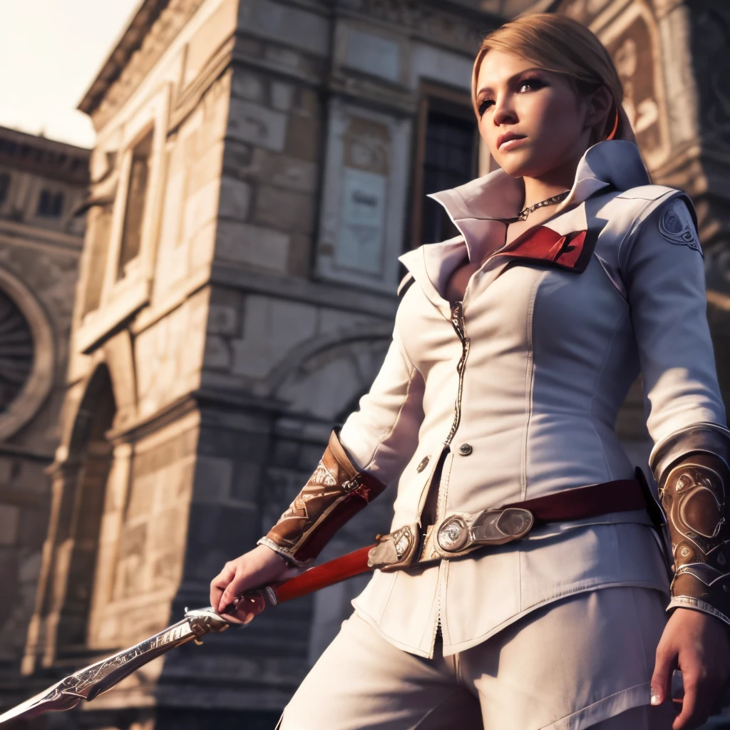 1chica rubia de ojos azules con una tunica blanca de asesio con capucha, tener armas como una espada en un cinturon de tela color rojo, decoraciones en su ropa estilo assassins creed, de fondo florencia