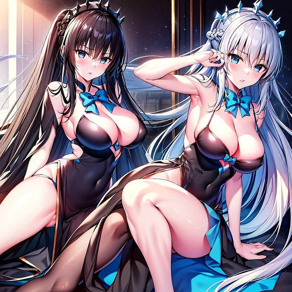 (Enrich the picture,Masterpiece level quality)Beautiful 8K CG artwork,(((solo))),morgan le fay (fate), blue eyes, Long Hair, pony tail,Very long hair, big boob, black bow, looking at viewer, gown, Hair Bow, thights, thights, black dress, Bangs, side locks, French braid, grey hair,Goddess-like posture,Kneeling exercise,Slim and soft,Translucent skin,big breasts,lying on your back,leg extension,m legs,Look at the viewer,expression to the top,on bed,