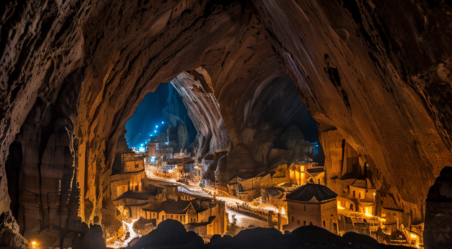 underground landscape,underground troglodyte city built inside a huge cavern, numerous stone buildings, intricate tunnels and underground galleries, bridges above chasm, bustling crowd, temples, market,liveliness, (best quality,4k,8k,highres,masterpiece:1.2),ultra-detailed,vibrant colors, medieval fantasy landscape