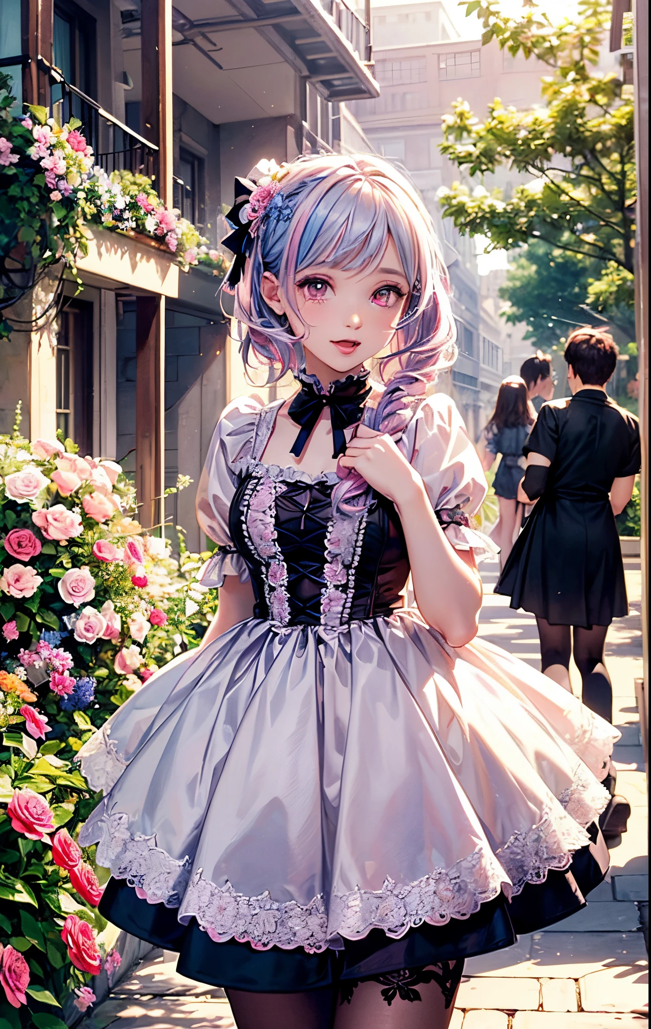 exquisitedetails, Highest quality 8K resolution, Ultra-detailed, Realistic, Vibrant colors, Soft tones, With warm and gentle lighting, (Beautiful Gothic Black Dress, Pretty Pink Ribbon, Beautiful frills:1.2),(Smooth straight pink hair:1.2),(Hair parted in the middle:1.2),(Glowing hair),(Pink eyes:1.3),Garden Girl,With an overflowing soft and gentle feeling,Visible emotions and specific emotions,(The promenade is full of flowers:1.3), Create colorful reflections.The sun's rays illuminate joy and pure love,The atmosphere is full of happiness and laughter,Combination of digital illustration and photography,Ultra-detailed depiction and vivid colors,A style that combines romanticism and realism.The color palette consists of soft pastel tones., Create an ethereal atmosphere like a dream,light is diffused,