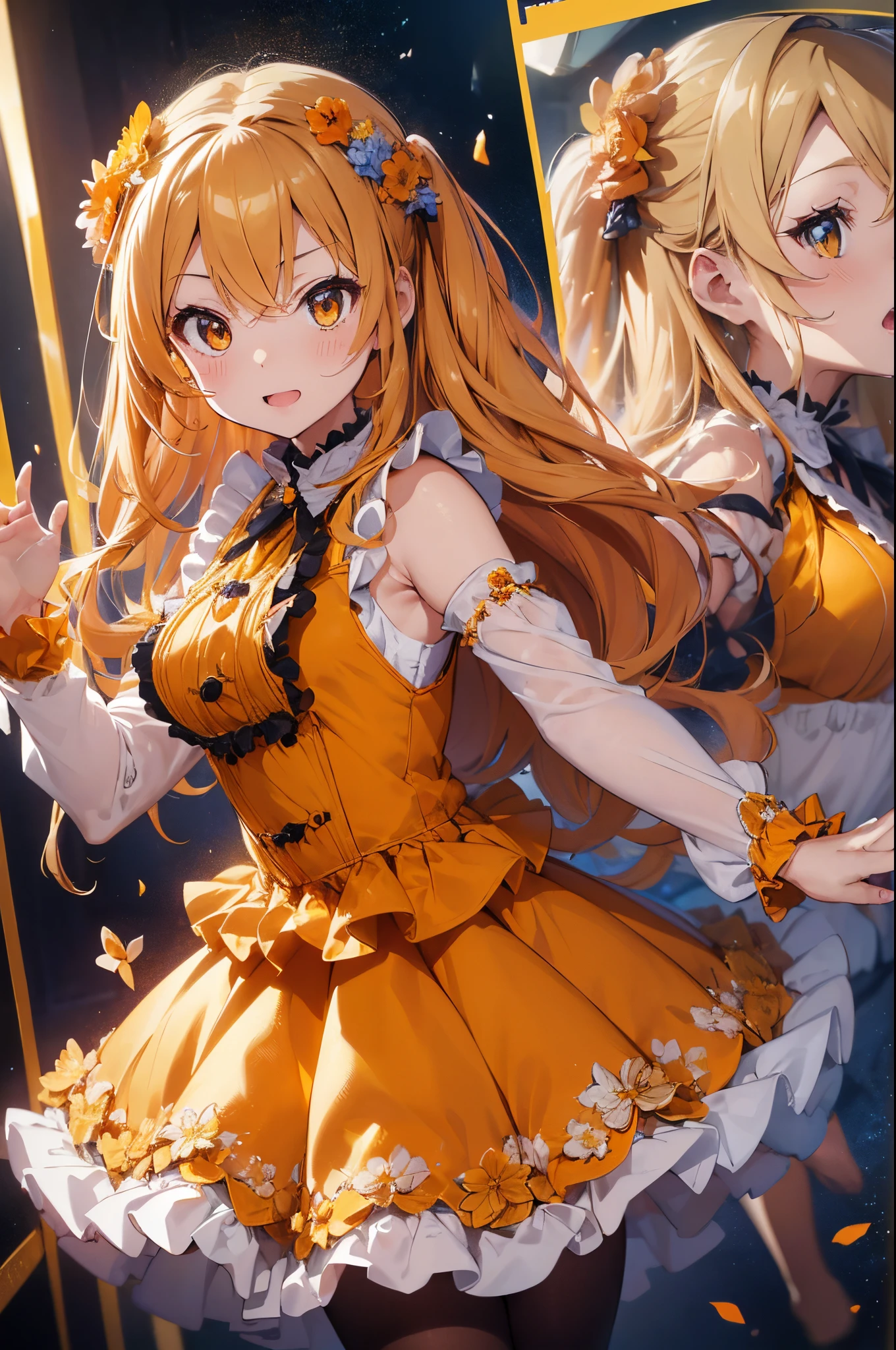 (Best Picture Quality, 4K, High Quality, Masterpiece:1.2), ((Masterpiece)), High Detail, High Quality, (HDR,16k, RAW Beautiful Girl Portrait, Best Picture Quality, Masterpiece:1.2), (Ultra-Definition Illustration), nsfw, idolmaster, idol costume, on the live concert stage, , spotlight, Generate an image of an anime idol with long honey blonde curly hair。Eye color should be a warm honey gold, extremely cute, sleeveless, detached sleeves, (orange & yellow gorgeous frilled dress with lots of flower stitches:1.3), do not use black on dress, tiara, pantyhose,