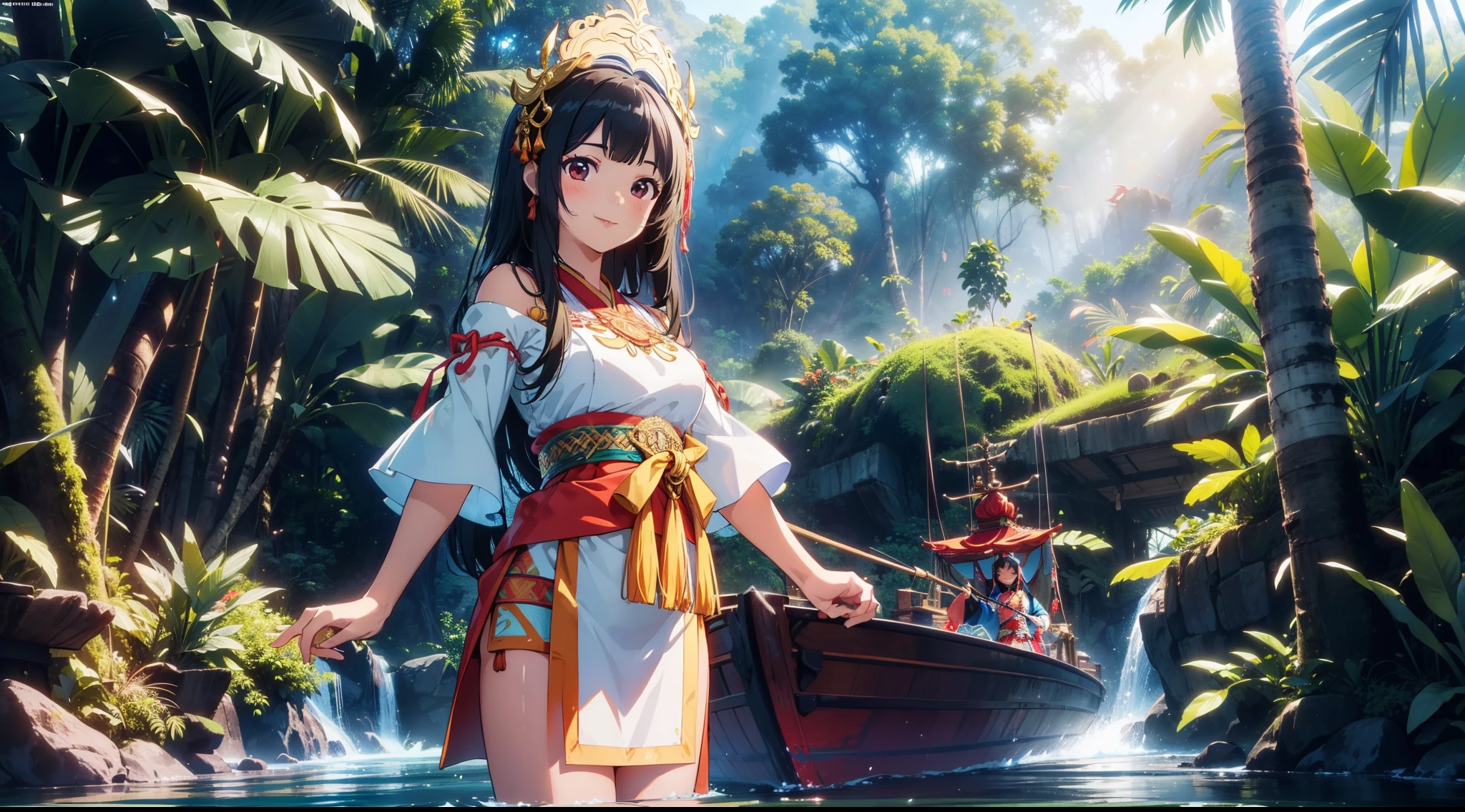 1 cute girl, ( Indonesian traditional costume) ,(standing in tropical rainforest),river, boat , cowboy shot, close to viewer, character focus, smile, cinematic lighting , high resolution,(incredibly absurdres) ,extremely detailed CG unity 8k wallpaper, ((masterpiece)), ((top-quality)), (beautiful illustration), ((an extremely delicate and beautiful))
