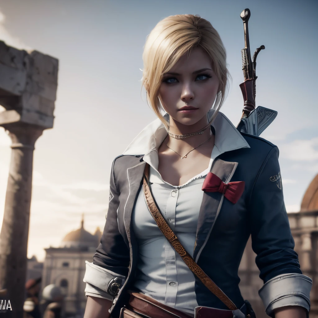 1chica rubia de ojos azules con una tunica blanca de asesio con capucha, tener armas como una espada en un cinturon de tela color rojo, decoraciones en su ropa estilo assassins creed, de fondo florencia