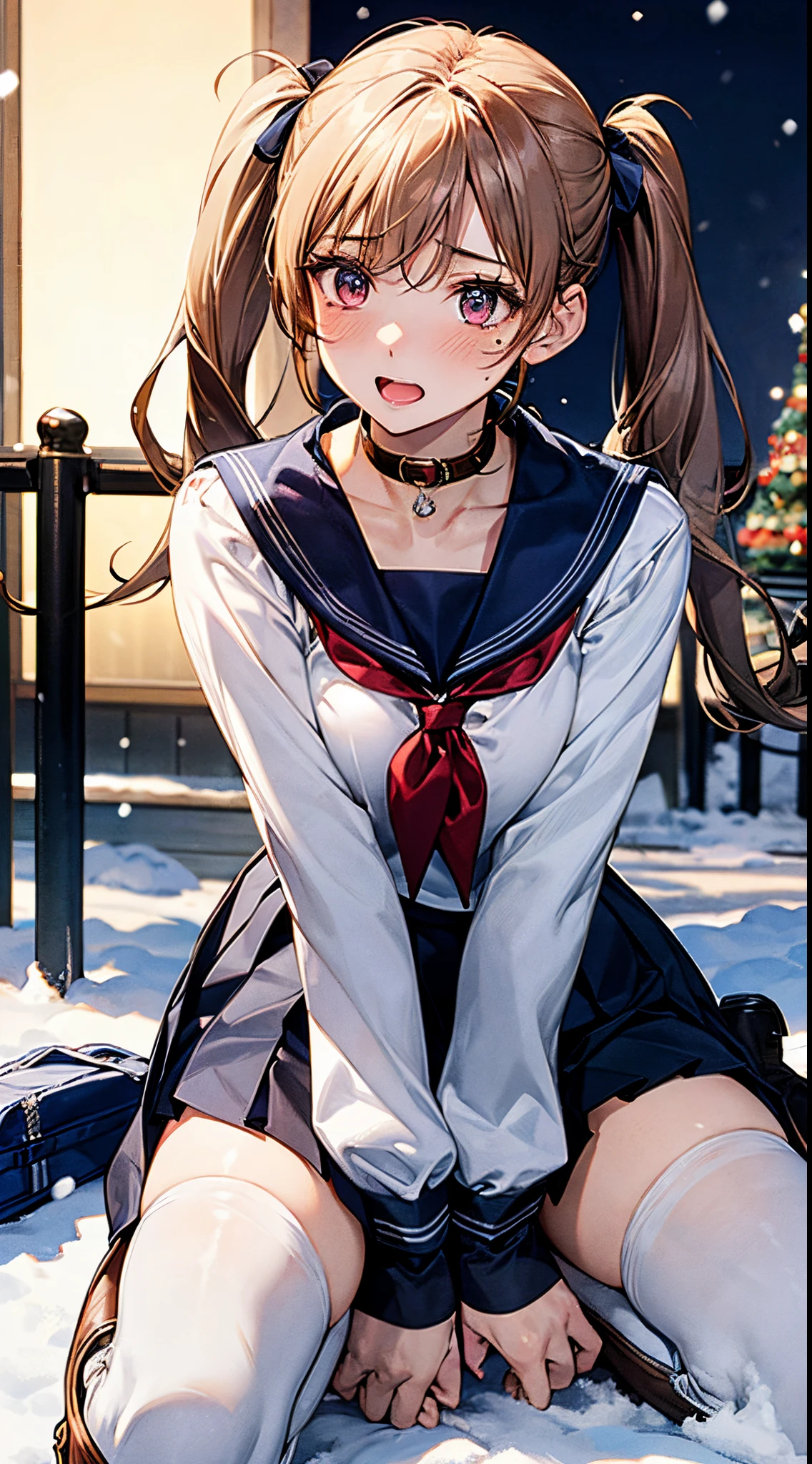 ((((perfect anatomy, super detailed skin)))), 1 girl, japanese, high school girl, shiny skin, large breasts:0.5, looking away, looking up, watching the view, from below,
beautiful hair, beautiful face, beautiful detailed eyes, (long hair:1.4, twintails:1.7), blond hair, brown eyes,
beautiful clavicle, beautiful body, beautiful chest, beautiful thigh, beautiful legs, babyface, mole under eye,
((((long sleeves)), all navy sailor suit, navy pleated skirt, navy sailor collar, red sailor scarf, thigh-highs, short boots), school bag), seductive thighs, , ((animal collar)),
((ashamed, open your mouth wide)), walking, spread legs, sitting against the lamppost, holding vibrator, female masturbation, lifting skirt myself,
(beautiful scenery), winter, midnight, hokkaido, sapporo, odori park, , christmas, christmas tree, illumination, tv tower, snow, snowfall:1.5, freezing weather, frost,
(8k, top-quality, masterpiece:1.2, extremely detailed), (photorealistic), beautiful illustration, cinematic lighting,