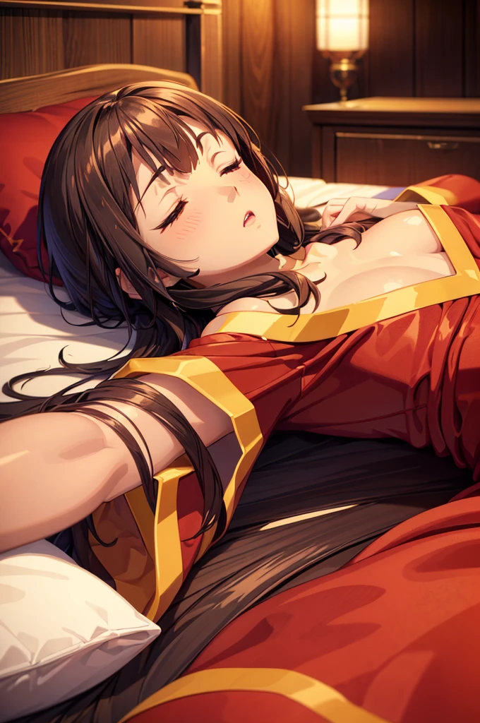 Perfect female shape, (1womanl), (Megumin), Composition looking up at the subject from below, hyper pretty face, Brown hair long hair, Sleeping on a silk bed, Open your mouth wide, Wrap her body directly naked in shiny satin white sheets, ((transparent red robe)）, Wet body, Glossy lips, voluptuous figure, Lying on your back with your legs spread on the silk bed, a silk pillow, Silk bed sheets, Double eyelids in both eyes, Natural makeup, long eyelashes, shiny smooth light brown hair, asymmetrical bangs, Tanned skin, central image, High resolution, high detailing, detailed hairstyle, Detailed face, spectacular movie lighting, Octane Rendering, Vibrant, Hyper realistic, Perfect limbs, Perfect Anatomy，Hands behind the head,