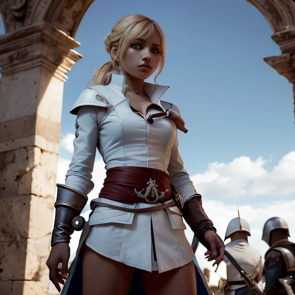 1chica rubia de ojos azules con una tunica blanca de asesio con capucha, tener armas como una espada en un cinturon de tela color rojo, decoraciones en su ropa estilo assassins creed, de fondo florencia