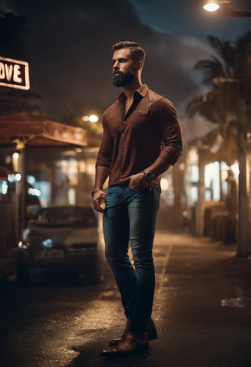 Homem, cabelo curto em cima dos lados careca, barba rala preta, olhos castanhos claros, rosto reto, camisa vermelha, Denim Jeans Pants, bota marrom, futuristic environment with advertisements and signs behind it, ships over the sky