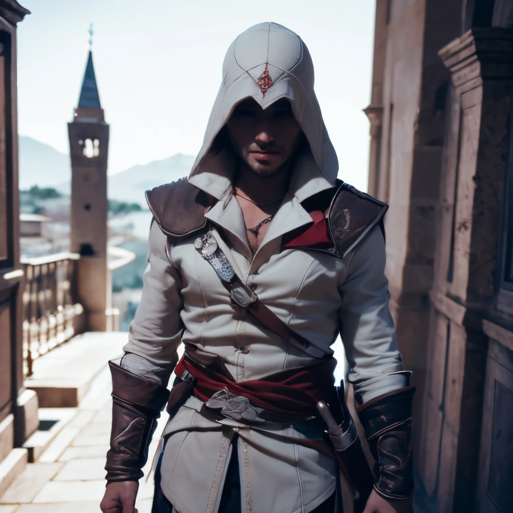 1chica rubia de ojos azules con una tunica blanca de asesio con capucha, tener armas como una espada en un cinturon de tela color rojo, decoraciones en su ropa estilo assassins creed, de fondo florencia
