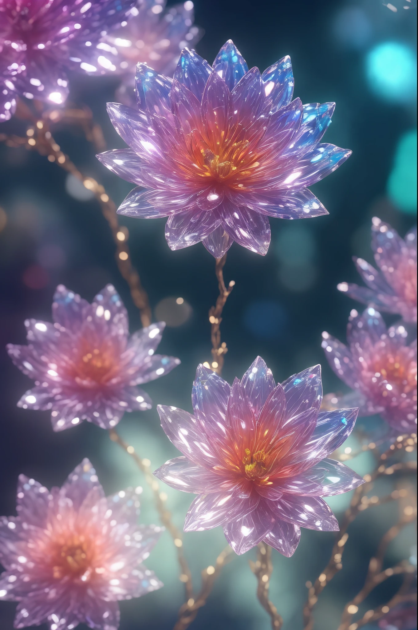 crystal flower, fantasy, galaxy, transparent, sparkling, sparkling, brilliant, colorful, magical photography, dramatic lighting, photo realism, ultra-detailed, 4k, depth of field, high resolution