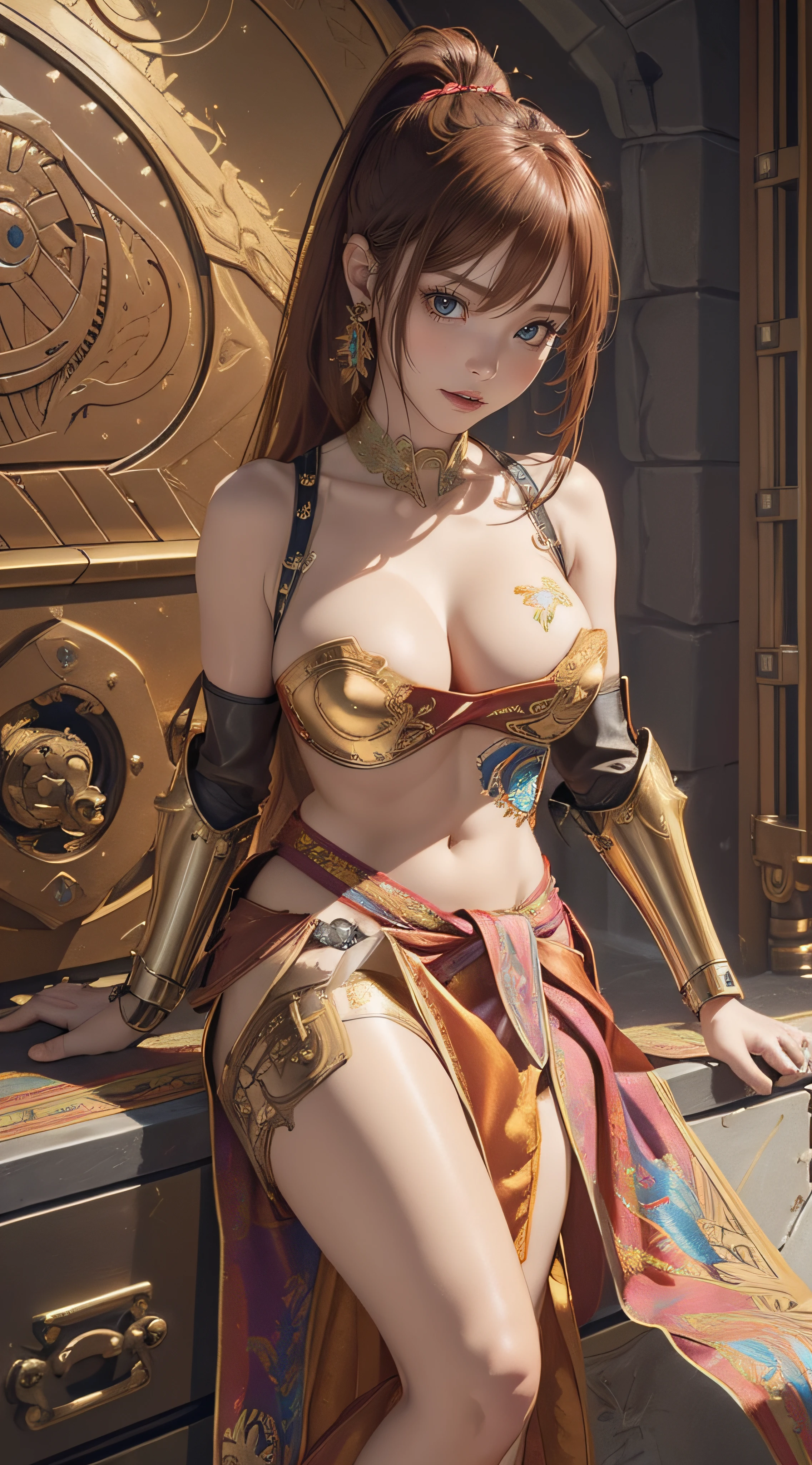1 Mechanical girl,(ultra detailed skin),curvy,petite,beautiful breasts,large breasts,pale skin,pointy breasts,erect nipples,(fantasy art,Highest image quality,Hyperrealist portrait,(8k),ultra-realistic,best quality, high quality, high definition, high quality texture,high detail,beautiful detailed,fine detailed,extremely detailed cg,detailed texture,a realistic representation of the face,masterpiece,Sense of presence,Dynamic,bold),ponytail,(thin hair),(soft hair),(straight hair:1.5),Swept long bangs,extra light coppery amber hair,hair over one eye,((clothed:1.5),leather boots,leather gauntlet,(Mechanical body armor:1.5),(embroidered dress:1.5),(long silk sarong:1.5))),(seaside:1.5)