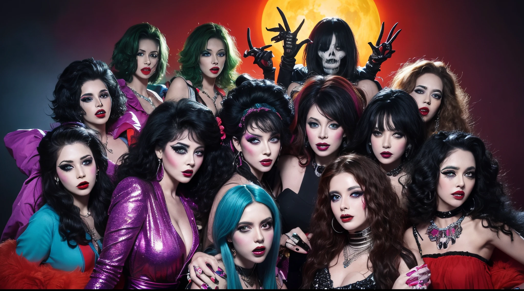 Group of busty Korean sluts, blonde short hair, tattoos, jewelry , goth, crown, bones, darkness, onlyfans, piercing, black , night, 666, demon, grey lips, queens, goddesses, mistresses, jewelry in nose, seductive look, attractive pose, colossal breast, chain, earrings, grey lips color, blood, perfect body, collars,