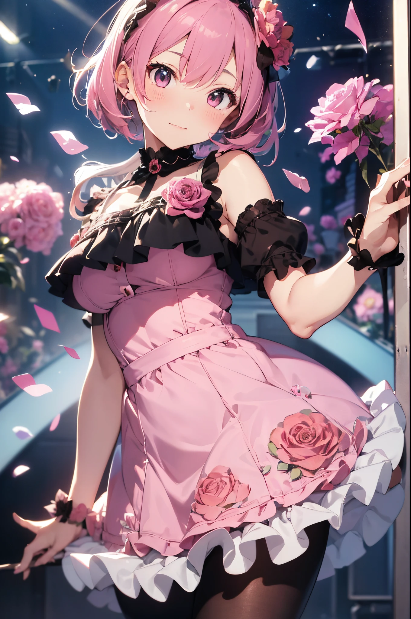 (Best Picture Quality, 4K, High Quality, Masterpiece:1.2), ((Masterpiece)), High Detail, High Quality, (HDR,16k, RAW Beautiful Girl Portrait, Best Picture Quality, Masterpiece:1.2), (Ultra-Definition Illustration), nsfw, idolmaster, idol costume, on the live concert stage, , spotlight,Create an image of an elegant anime idol with short pink hair and bangs that cover her face.。Make your eyes a lovely rose pink, extremely cute, sleeveless, detached sleeves, (pink gorgeous frilled dress with lots of flower stitches:1.3), do not use black on dress, tiara, pantyhose,