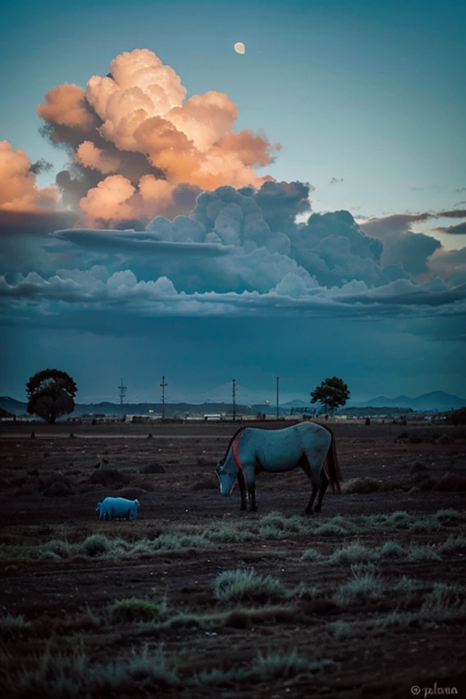 luna roja con cielo azul sobre campo ????? donde se ve una cebra