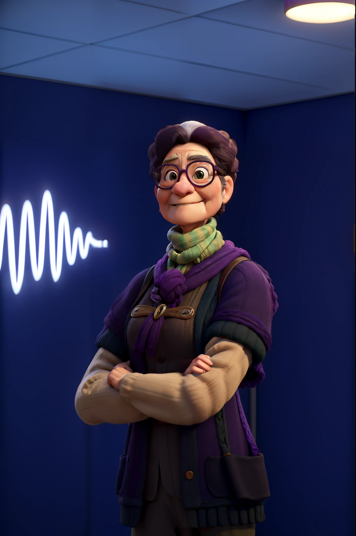 masterpiece, best quality, an old woman with glasses and a scarf on, wearing a purple coat and green scarf, standing at the park